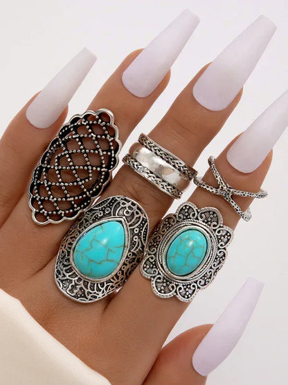 Exaggerated Personality Ring Set - Retro Drip Oil Cross Hollow Wide Brimming Ring Set of 5 - Shello's Creative Boutique