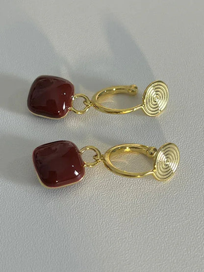 New Style Red Bean Mosquito Coil Earrings - Wine Red Disc Ear Clips without Piercing - Shello's Creative Boutique