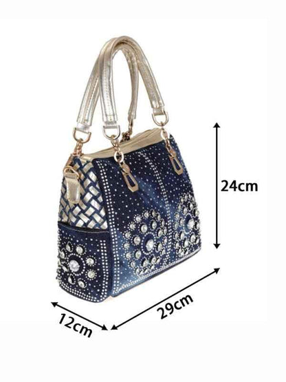 Denim Tote Bag - Versatile Hand-Held and Crossbody Diamond Design for Stylish Carrying - Shello's Creative Boutique