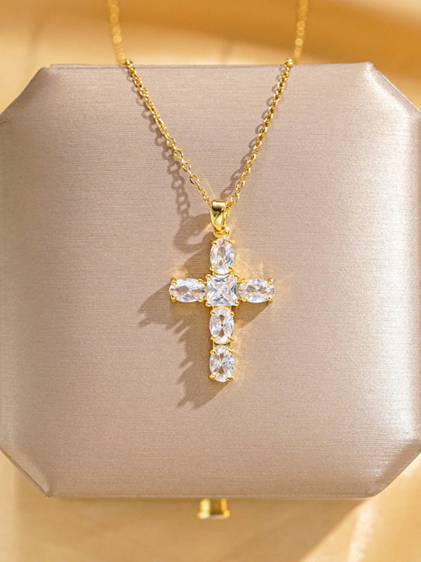 Inlaid zircon cross pendant necklace elegant clavicle chain Shello Creative Boutique