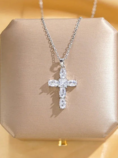 Inlaid Zircon Cross Necklace - Elegant Clavicle Chain Pendant - Shello's Creative Boutique