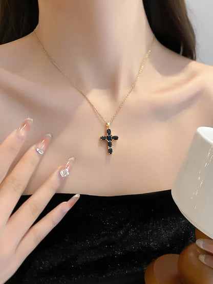 Inlaid Zircon Cross Necklace - Elegant Clavicle Chain Pendant - Shello's Creative Boutique