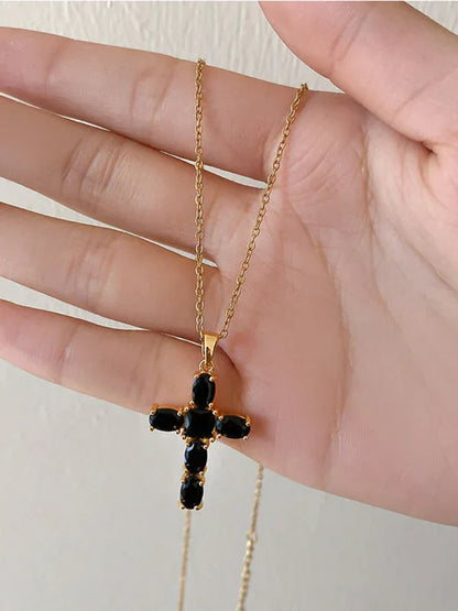 Inlaid Zircon Cross Necklace - Elegant Clavicle Chain Pendant - Shello's Creative Boutique