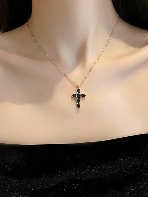 Inlaid zircon cross pendant necklace elegant clavicle chain Shello Creative Boutique