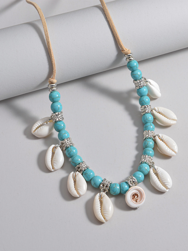 Bohemian shell pendant turquoise beaded velvet braided adjustable necklace for men and women Shello's Creative Boutique