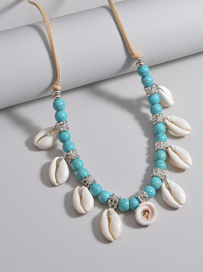 Bohemian shell pendant turquoise beaded velvet braided adjustable necklace for men and women Shello's Creative Boutique