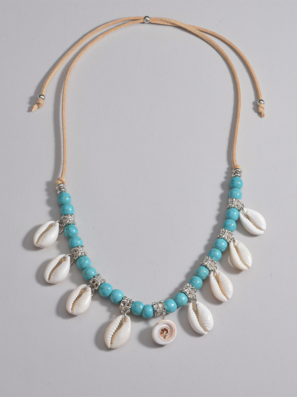 Bohemian shell pendant turquoise beaded velvet braided adjustable necklace for men and women Shello's Creative Boutique