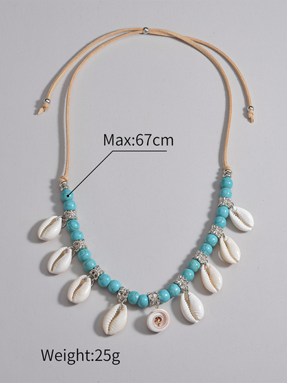 Bohemian shell pendant turquoise beaded velvet braided adjustable necklace for men and women Shello's Creative Boutique