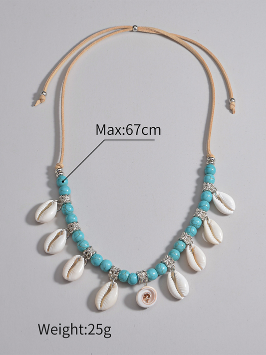 Bohemian shell pendant turquoise beaded velvet braided adjustable necklace for men and women Shello's Creative Boutique
