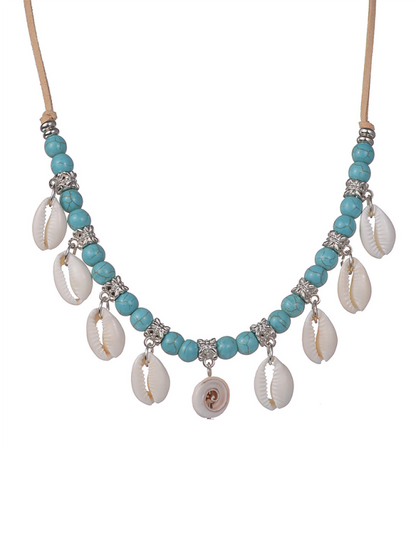 Bohemian shell pendant turquoise beaded velvet braided adjustable necklace for men and women Shello's Creative Boutique