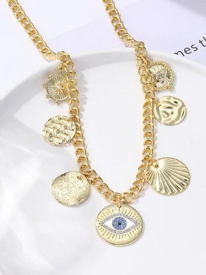 New Bohemian Devil's Eye Necklace with Metal Ancient Coin Multi-Pendant - Shello's Creative Boutique