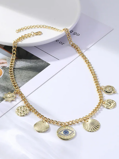 New Bohemian Devil's Eye Necklace with Metal Ancient Coin Multi-Pendant - Shello's Creative Boutique