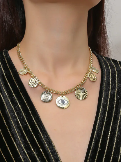 New Bohemian Devil's Eye Necklace with Metal Ancient Coin Multi-Pendant - Shello's Creative Boutique