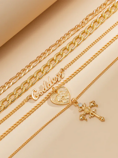 Retro Cross Pendant Necklace - Multi-Layer Portrait Hip-Hop Style Letter Chain - Shello's Creative Boutique