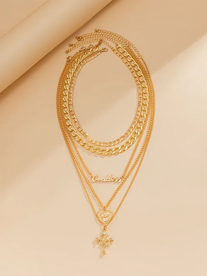 Retro Cross Pendant Necklace - Multi-Layer Portrait Hip-Hop Style Letter Chain - Shello's Creative Boutique