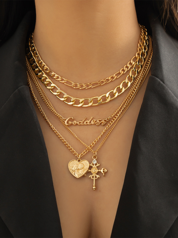 Retro multi-layer portrait cross pendant necklace Hip-hop style letter chain necklace Shello's Creative Boutique