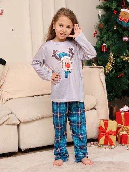 Christmas Deer Head Blue Plaid Family Pajamas - Parent-Child Set - Shello's Creative Boutique