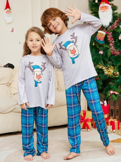 Christmas Deer Head Blue Plaid Family Pajamas - Parent-Child Set - Shello's Creative Boutique
