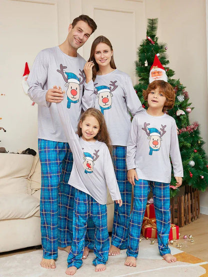 Christmas Deer Head Blue Plaid Family Pajamas - Parent-Child Set - Shello's Creative Boutique