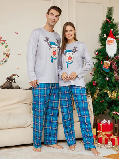 Christmas Deer Head Blue Plaid Family Pajamas - Parent-Child Set - Shello's Creative Boutique