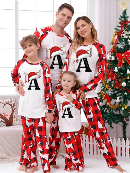 Christmas Pajama Set for Parents and Kids with Santa Hat - Alphabet Printed Loungewear (A-Z Letters Optional) - Shello's Creative Boutique