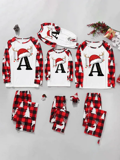 Christmas Pajama Set for Parents and Kids with Santa Hat - Alphabet Printed Loungewear (A-Z Letters Optional) - Shello's Creative Boutique