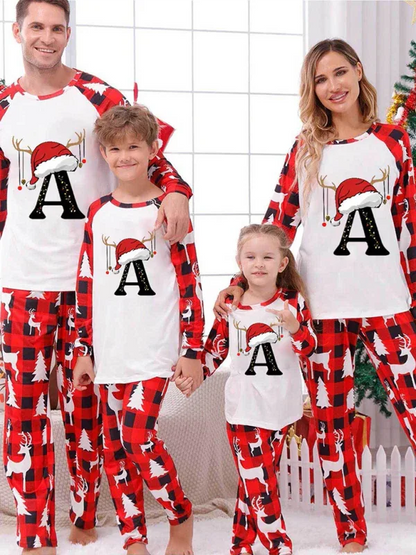 Christmas Pajama Set for Parents and Kids with Santa Hat - Alphabet Printed Loungewear (A-Z Letters Optional) - Shello's Creative Boutique