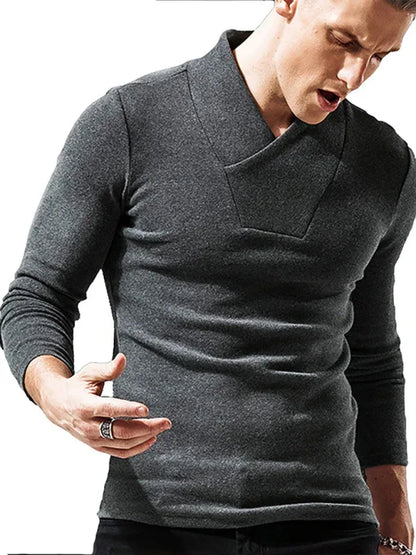 Men Woolen V-Neck Stretchy Long Sleeve Tee - Shello's Creative Boutique
