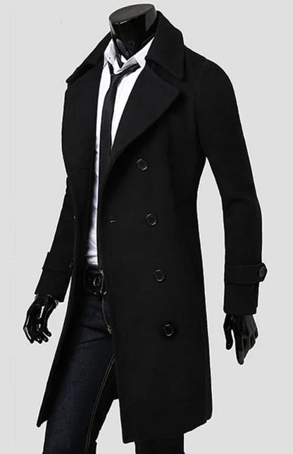 Men's Double Breasted Lengthened Simple Wool Coat - Shello's Creative Boutique