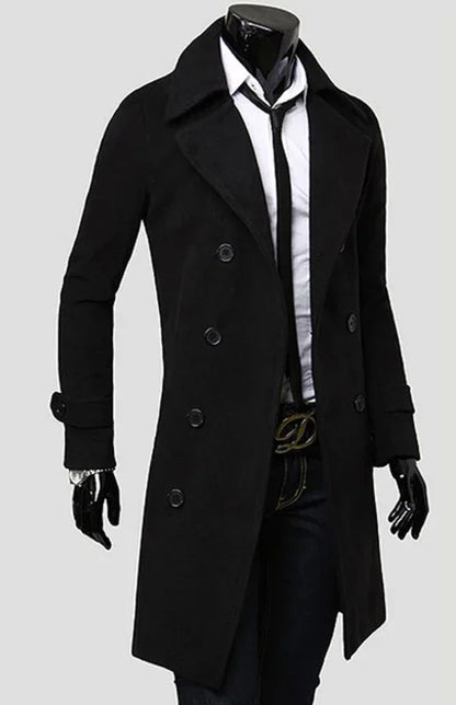 Men's Double Breasted Lengthened Simple Wool Coat - Shello's Creative Boutique