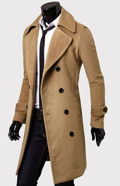 Men's Double Breasted Lengthened Simple Wool Coat - Shello's Creative Boutique