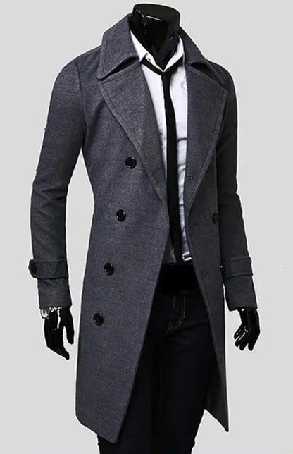 Men's Double Breasted Lengthened Simple Wool Coat - Shello's Creative Boutique