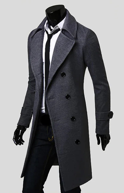Men's Double Breasted Lengthened Simple Wool Coat - Shello's Creative Boutique