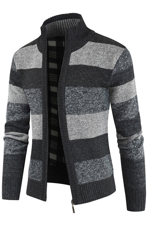 Men's New Sweater Colorblock Standing Collar Zip Cardigan Shello Creative Boutique