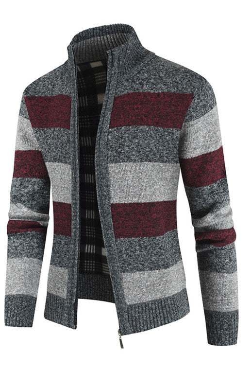 Men's New Sweater Colorblock Standing Collar Zip Cardigan Shello Creative Boutique