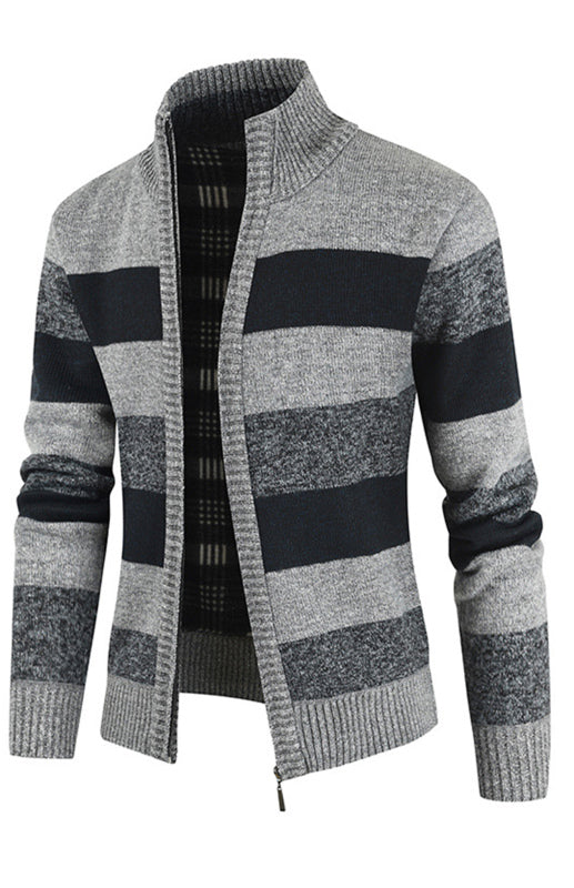 Men's New Sweater Colorblock Standing Collar Zip Cardigan Shello Creative Boutique