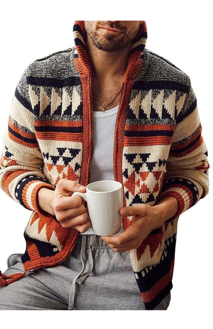 Men's Long Sleeve Lapel Outer Sweater Embroidered Stand Collar Zip Sweater - Shello's Creative Boutique