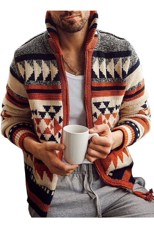 Men's Long Sleeve Lapel Outer Sweater Embroidered Stand Collar Zip Sweater Shello Creative Boutique