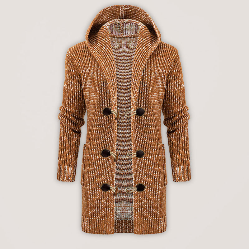 Men's Mid Length Hooded Knit Cardigan Horn Buckle Hooded Long Sweater Shello Creative Boutique