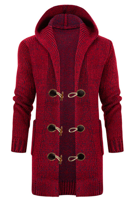 Men's Mid Length Hooded Knit Cardigan Horn Buckle Hooded Long Sweater Shello Creative Boutique
