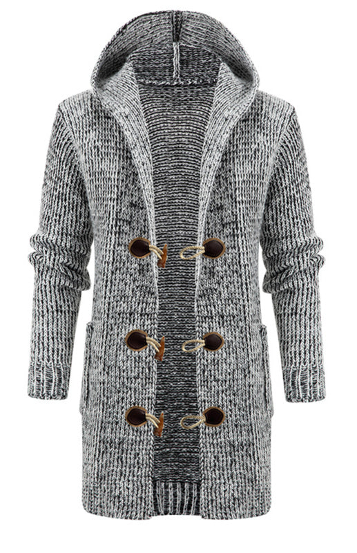 Men's Mid Length Hooded Knit Cardigan Horn Buckle Hooded Long Sweater Shello Creative Boutique