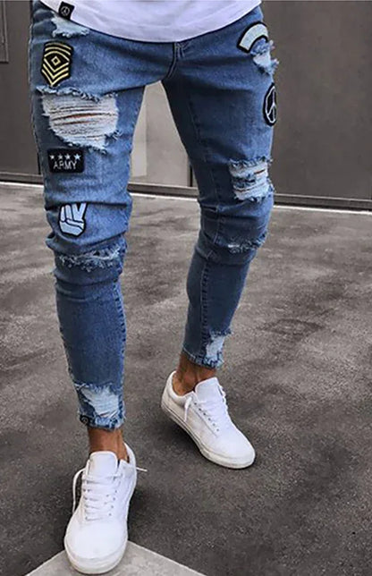 Men's Distressed Patchwork Knit Denim Jeans - Shello's Creative Boutique