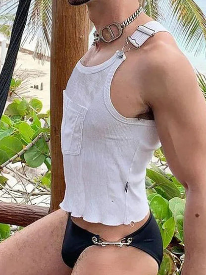 Men's Knit Solid Color Pocket Sling Slim Tank Top - Shello's Creative Boutique
