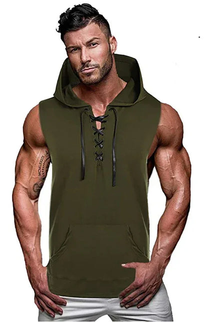 Men's Knit Sleeveless Lace-Up Hoodie - Shello's Creative Boutique