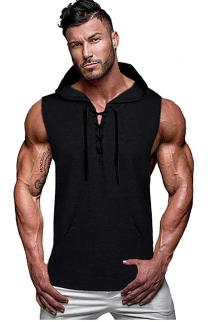 Men's Knit Sleeveless Lace-Up Hoodie - Shello's Creative Boutique
