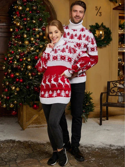 High Neck Christmas Theme Jacquard Couple Long Sleeve Sweater - Shello's Creative Boutique