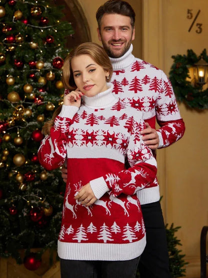 High Neck Christmas Theme Jacquard Couple Long Sleeve Sweater - Shello's Creative Boutique