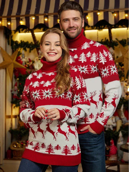 High Neck Christmas Theme Jacquard Couple Long Sleeve Sweater - Shello's Creative Boutique