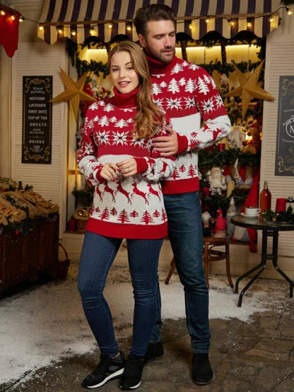High Neck Christmas Theme Jacquard Couple Long Sleeve Sweater - Shello's Creative Boutique