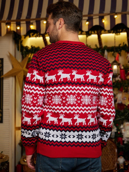 Men's Christmas Crew Neck Elk Jacquard Long Sleeve Sweater Shello's Creative Boutique